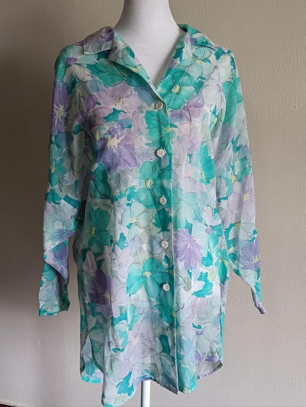 Paper Thin Vintage Sheer Floral Button Up Blouse  Aqua Lavender Koret USA Small